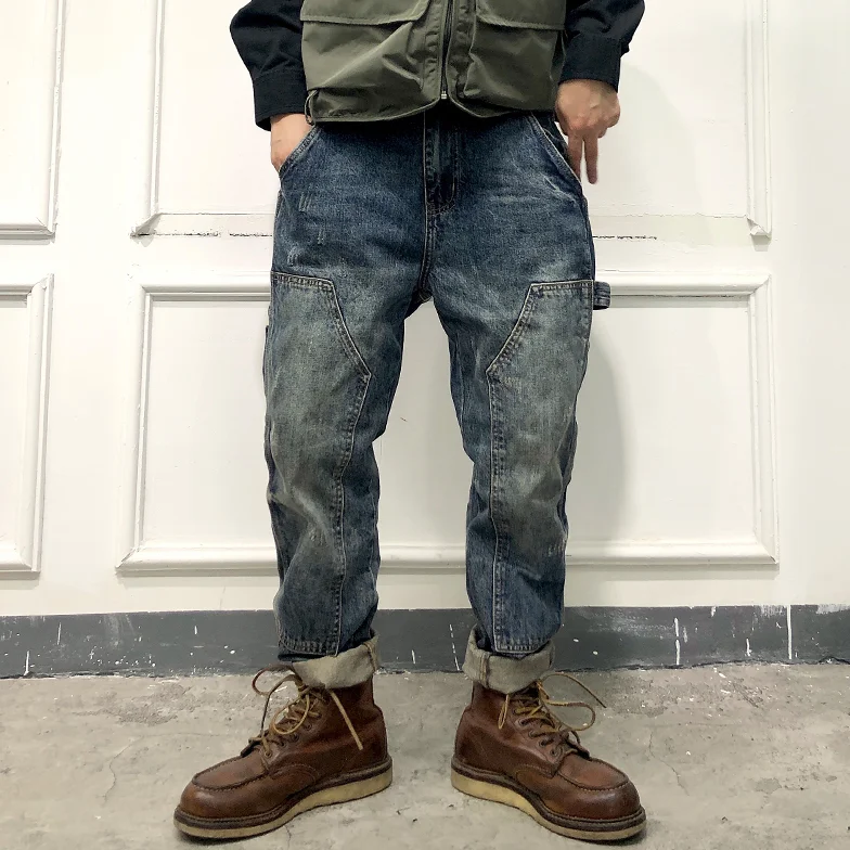Loose Distressed Retro Stitching Tooling Motorcycle Jeans / [blueesa] /