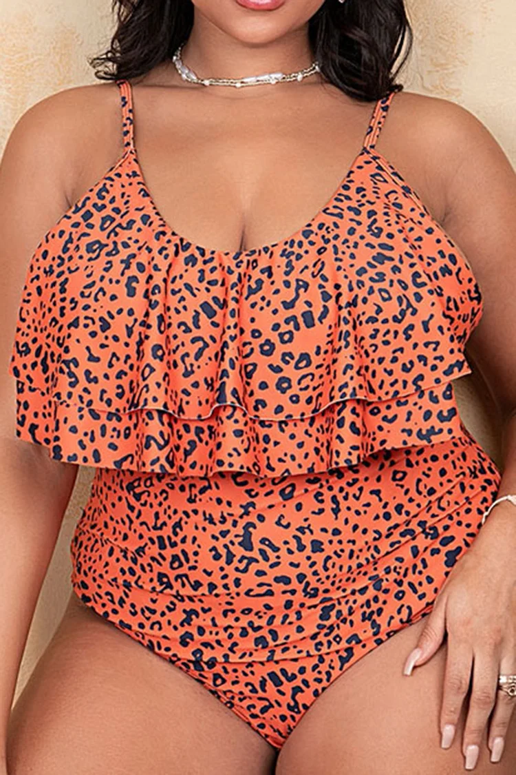 Plus Size Orange Vacation Leopard Print Ruffle One-Pieces Swimsuits