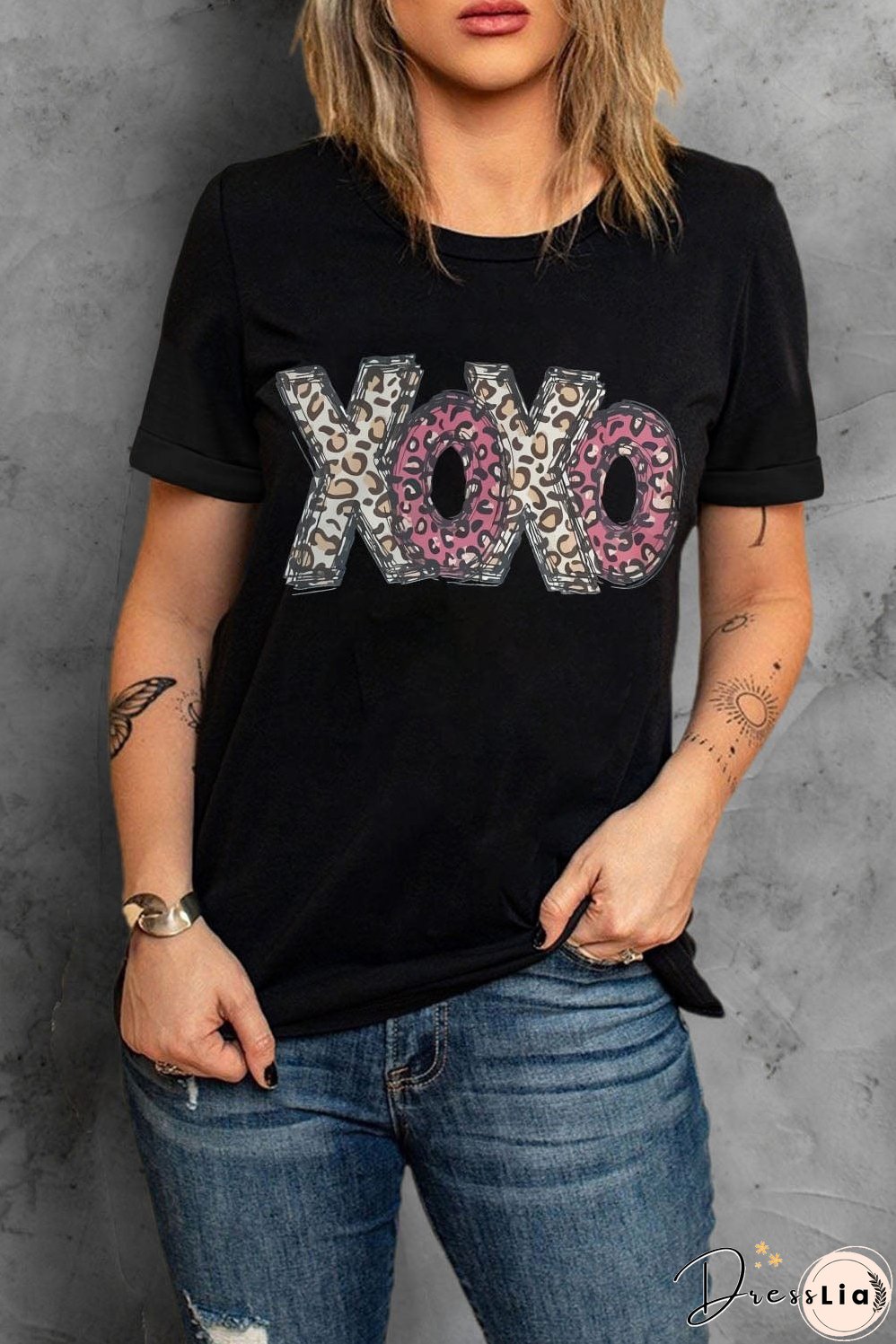 Black and Leopard Print XOXO T-Shirt, Casual Wear