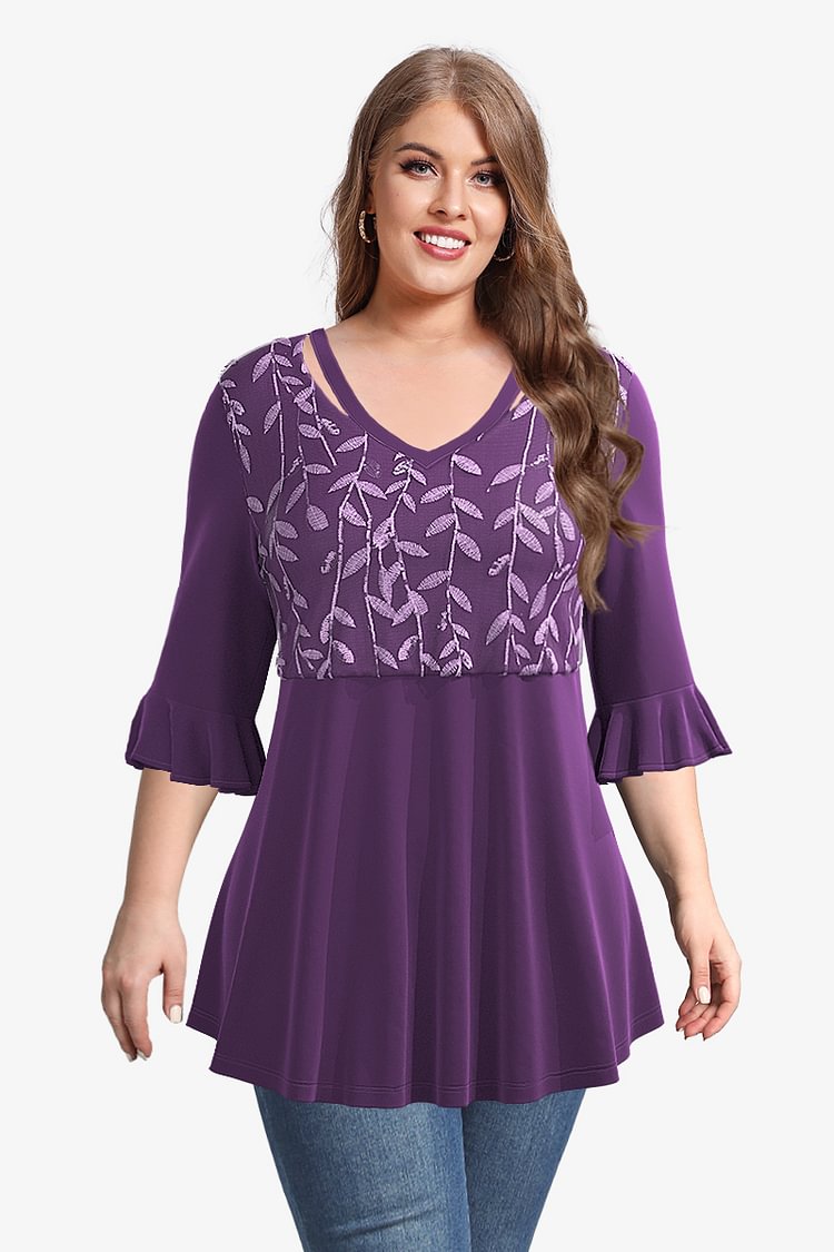 Flycurvy Plus Size Casual Dark Purple Embroidery V Neck Double Layers Blouses  flycurvy [product_label]