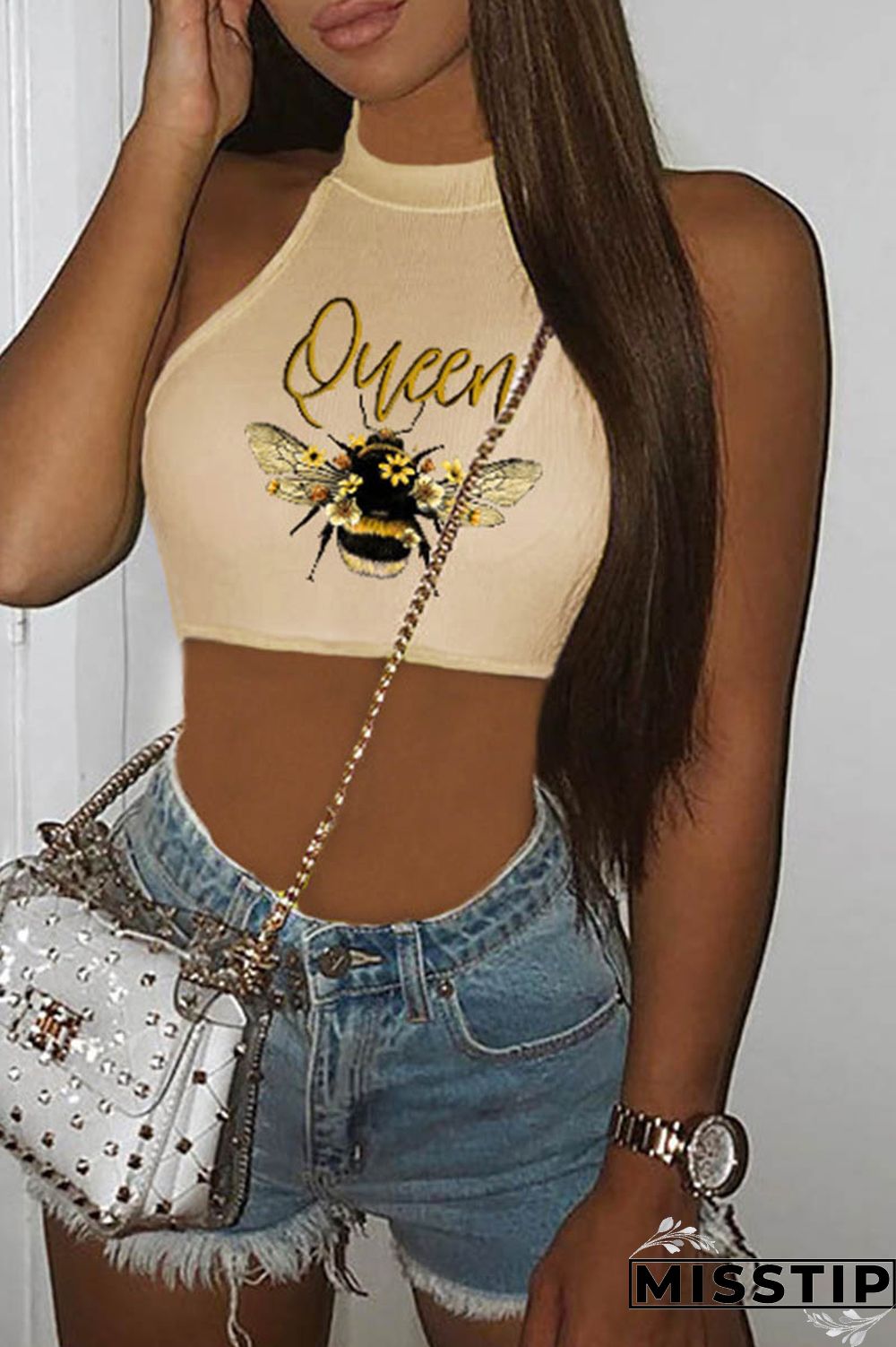 Khaki Casual Print Basic O Neck Tops