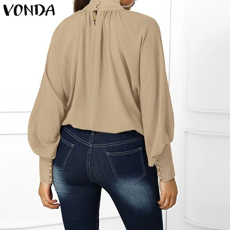 VONDA Sexy Women Blouse Long Lantern Sleeve V Neck Shirt Office Ladies Top 2021 Spring Casual Loose Polyester Blouse