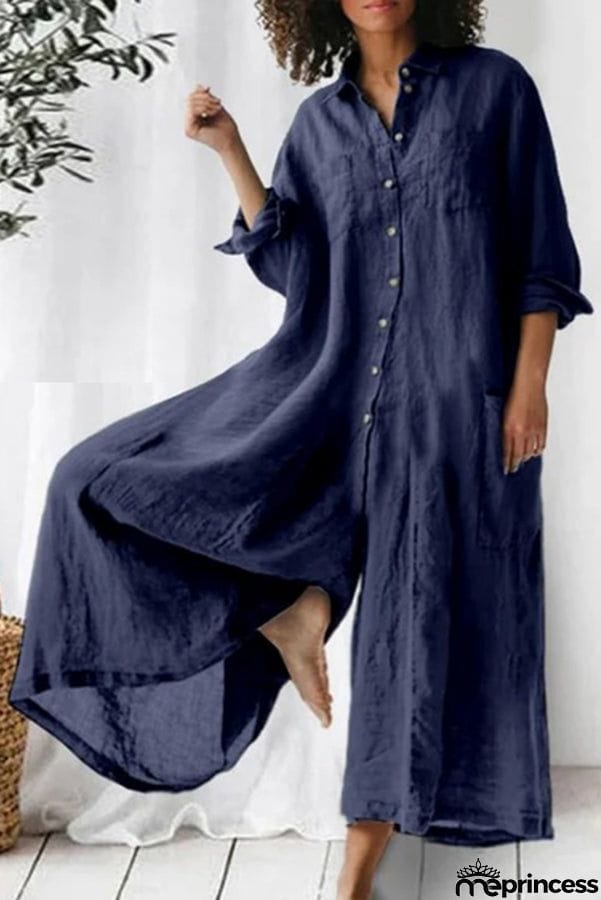 Amaris Cotton and Linen Blend Long Sleeve Loose Wide Leg Shirt Jumpsuit