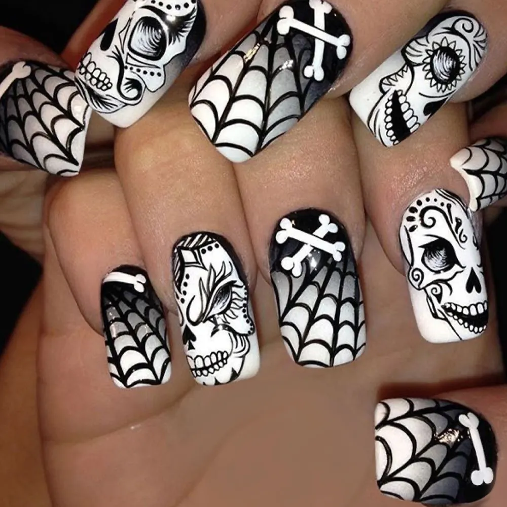 Churchf Churchf Chinese Nail Demon Bone Spider Web Halloween Element Fake Nail Finished Products Wear Nail Holiday Nail