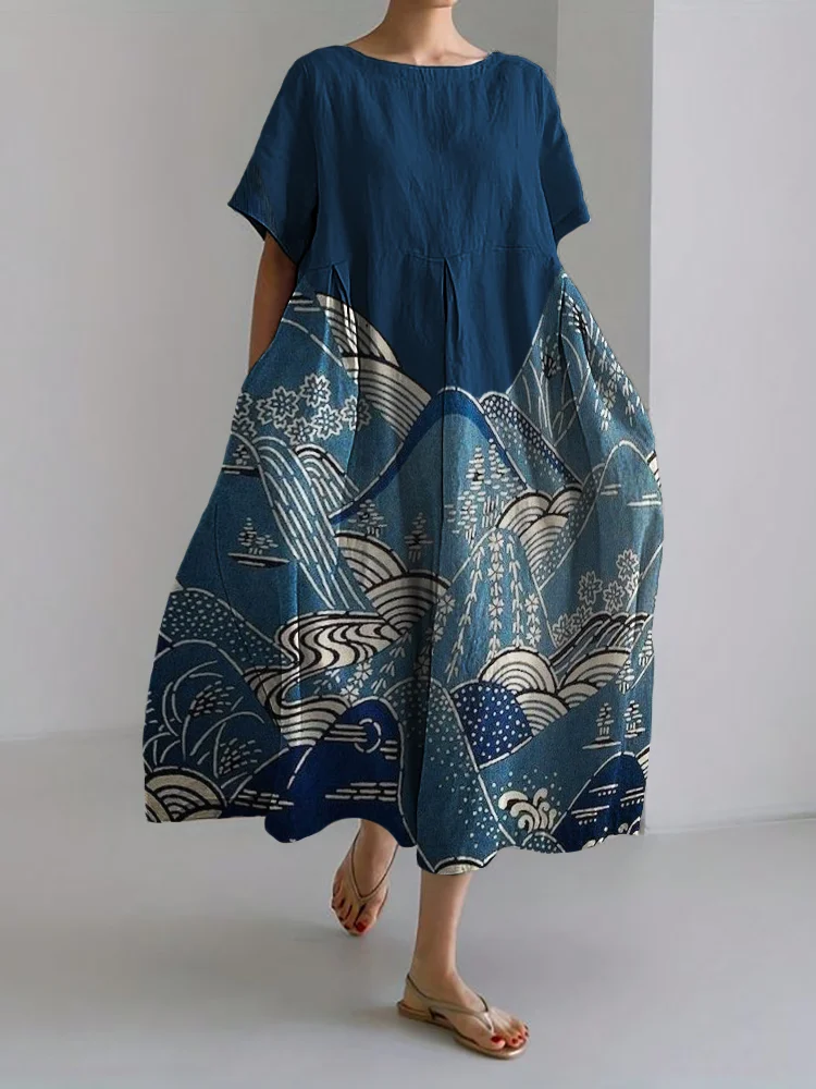 Comstylish Mountains Landscape Japanese Art Linen Blend Maxi Dress