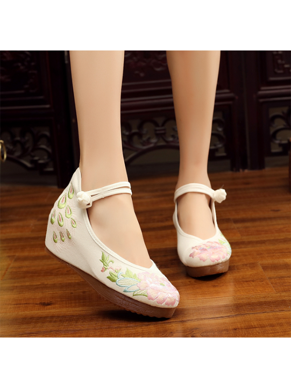 Embroidery Pumps Vintage Floral High Heel Canvas Casual Shoes - Modakawa