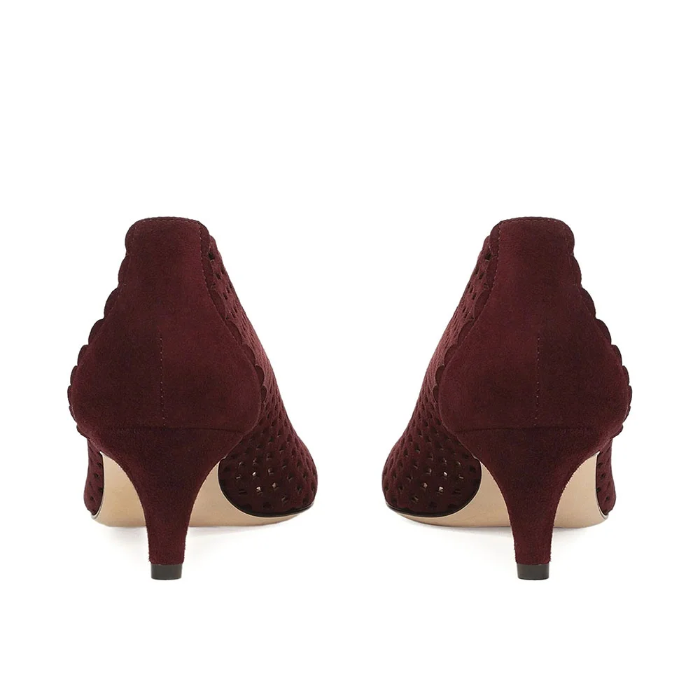 Women's Maroon Round Toe Slip On Hollow-Out Kitten Heel Pumps
