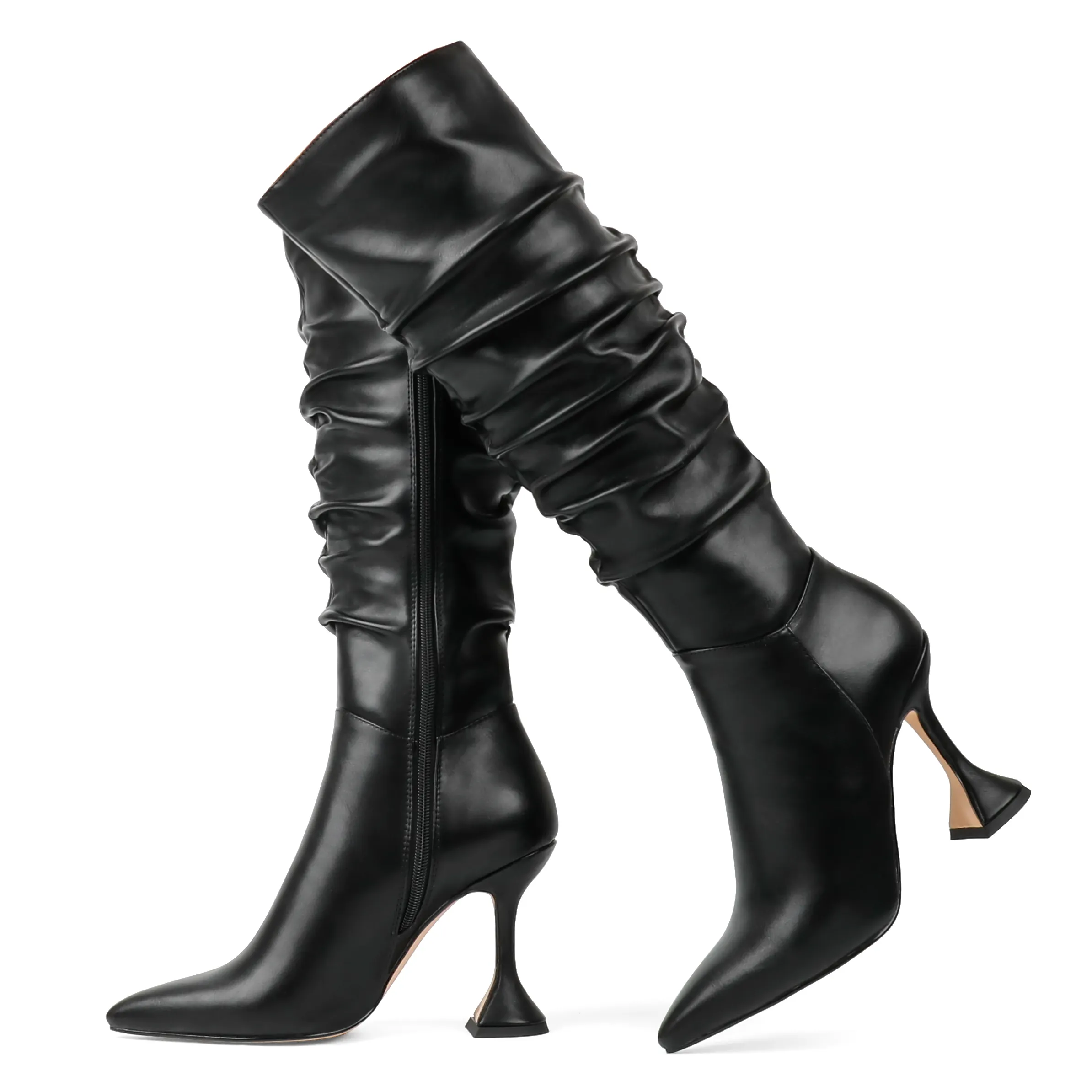 100mm Women Zipper Wrinkled Slouchy Boots Triangle Heels-vocosishoes