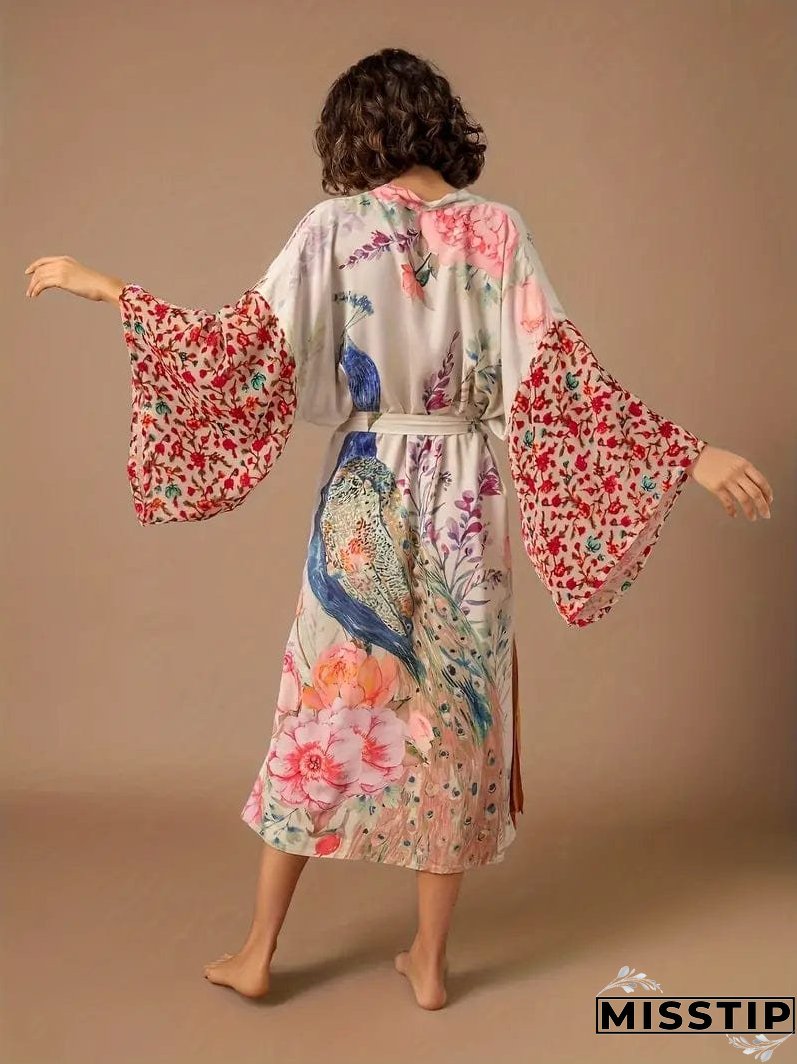Long Sleeve Peacock Print Beach Kaftan