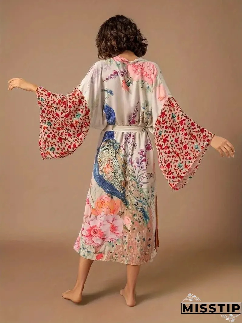 Long Sleeve Peacock Print Beach Kaftan