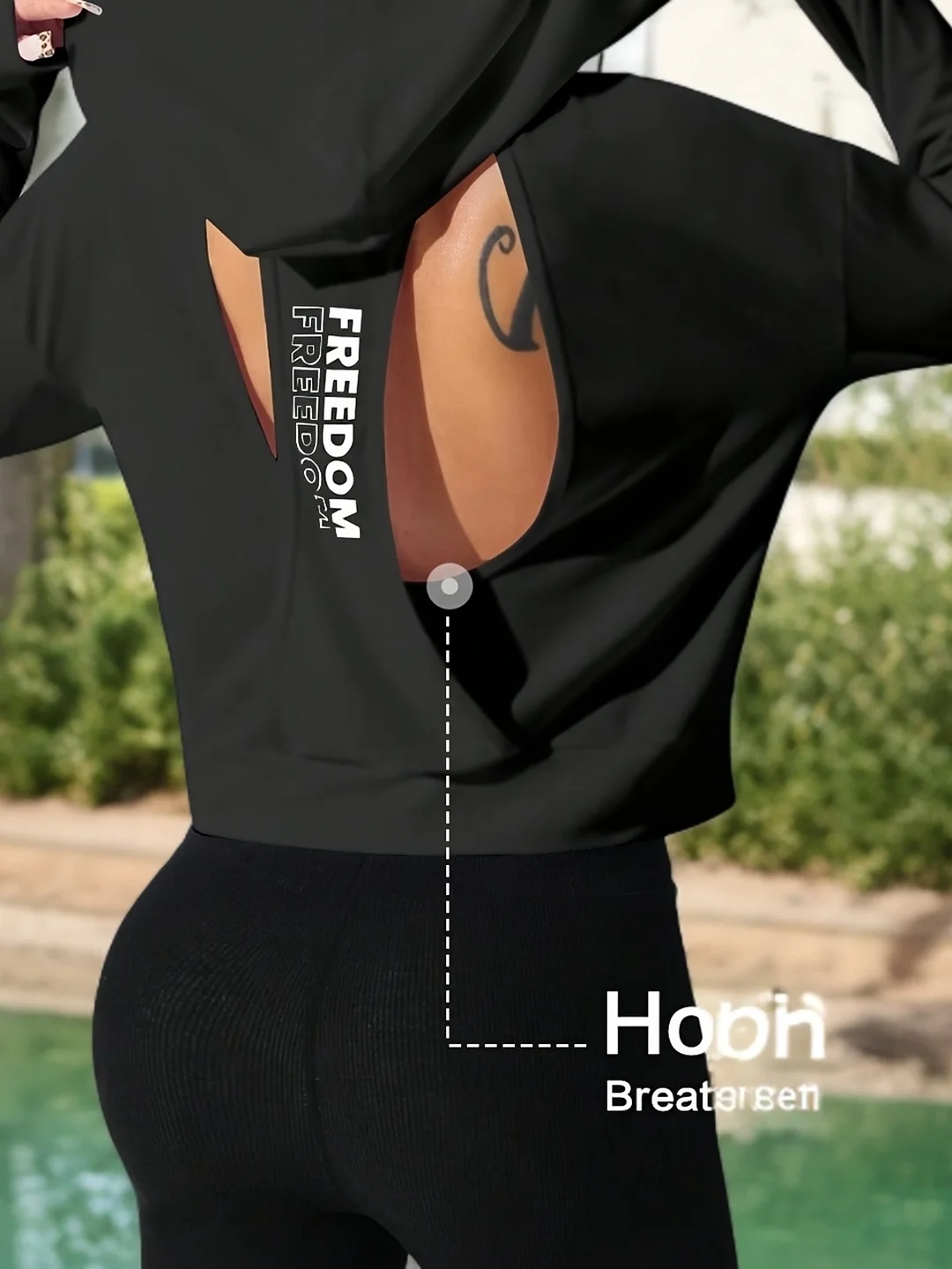 Women's Black Hoodie With "Freedom" Print - Casual & Sporty Drawstring Hooded Sweatshirt, Breathable Long Sleeve Top For Tennis & Daily Wear, Spring/Summer/Fall, Sporty Hoodie | Sporty Fashion | Medium Elasticity Fabric | IFYHOME