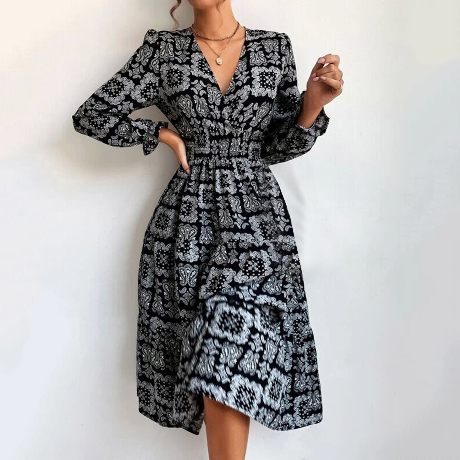 Fashion Ladies Elegant Vintage V Neck Printed Party Casual Midi Dress