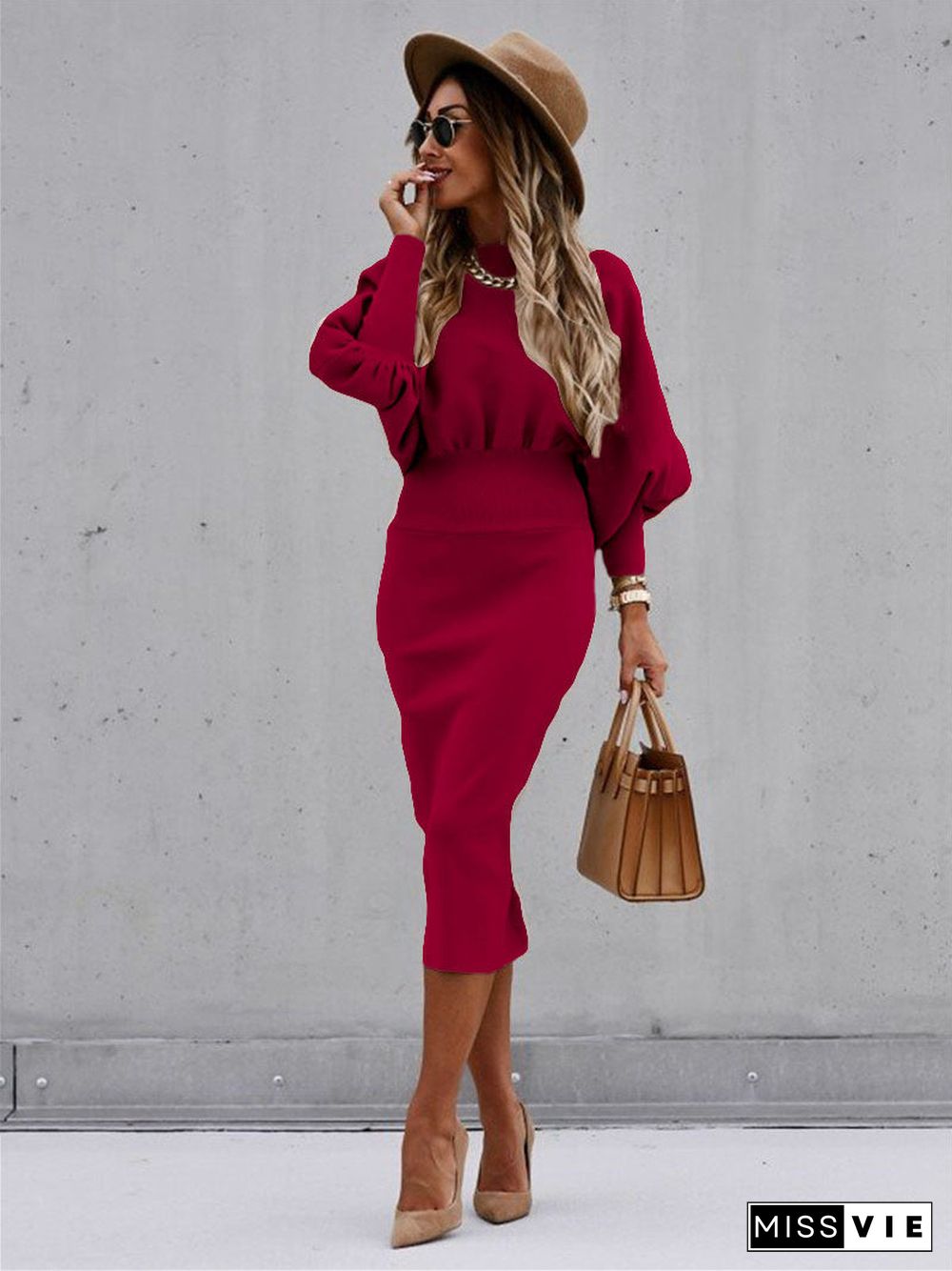 Long Sleeve Bodycon Solid Color Midi Dress