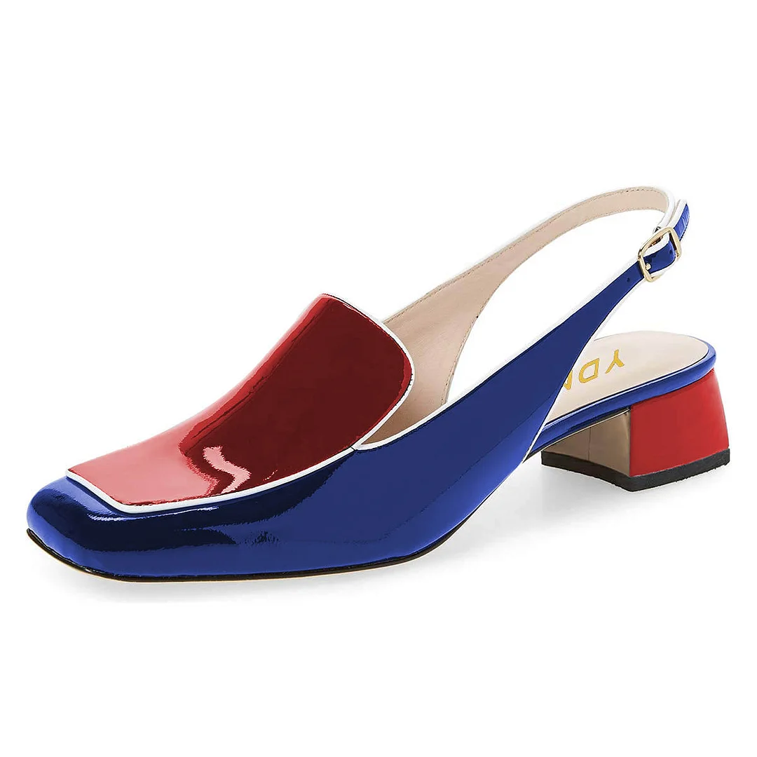Navy & Red Patent Leather Chunky Heel Slingback Loafer Shoes Women