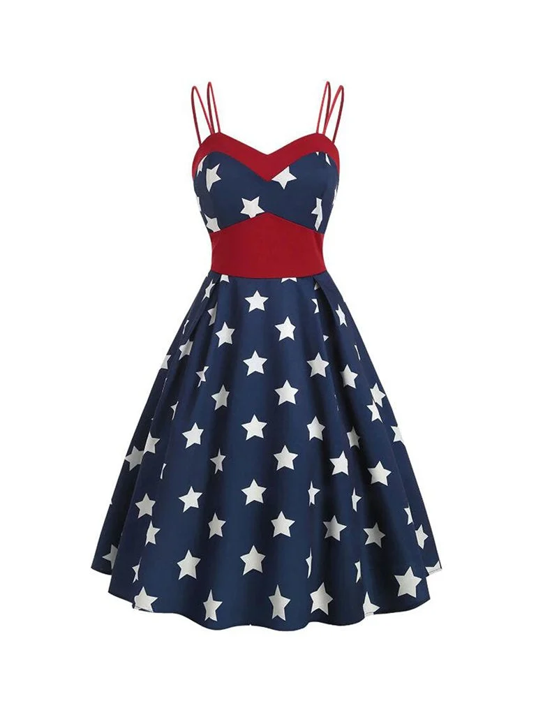 Womens Vintage Dress  American Flag Spaghetti Straps A-line Dress