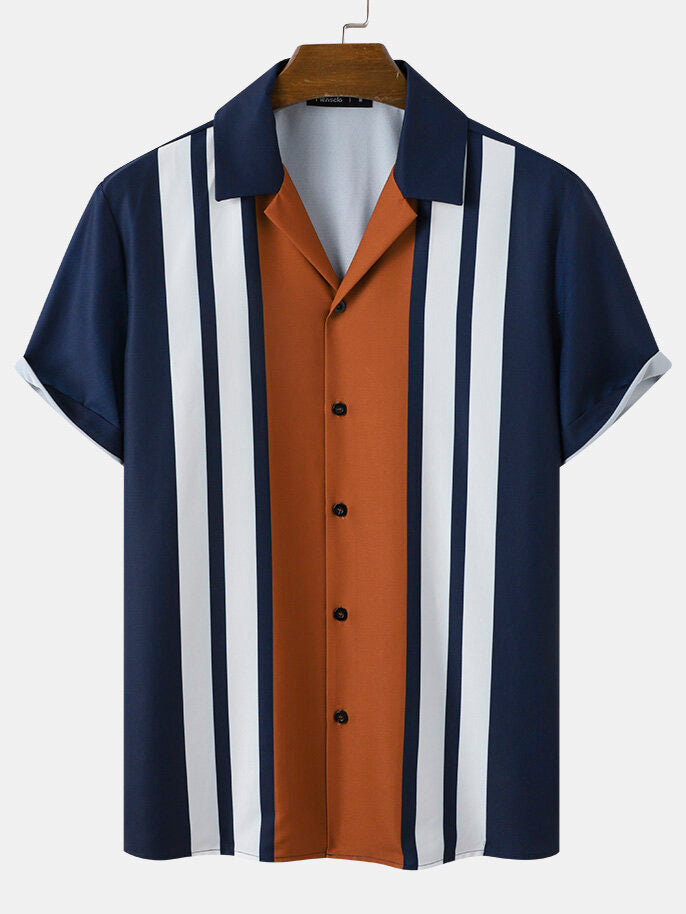 Men's Simple Contrast Stripe Short Sleeve Shirt PLUSCLOTHESMAN