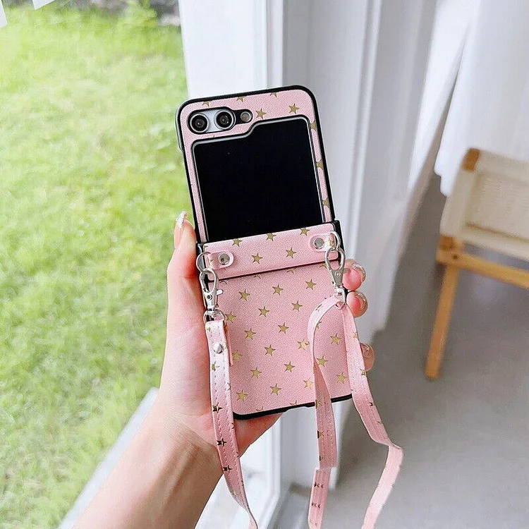 Crossbody Necklace Lanyard Stars Leather Case For Samsung Galaxy Z Flip5 Flip4 Flip3 5G Shockproof Soft Strap Back Cover Funda