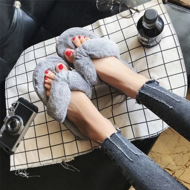 Thick Winter Women House Slippers Faux Fur Fashion Warm Shoes Woman Slip on Flats Female Slides Leopard Cozy Home Furry Slippers