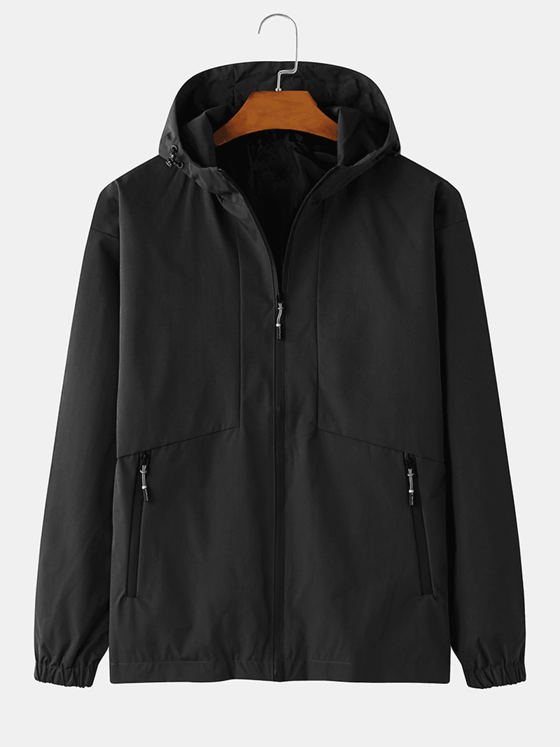 Mens Solid Color Letter Back Print Zipper Front Hooded Jacket