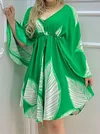 Vacation Leaf Printed V-Neck Batwing Sleeves Mini Dress