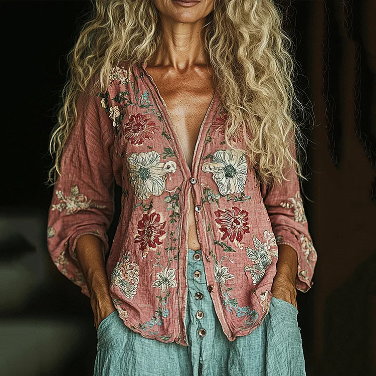 Bohemian Linen Floral Print  Long Sleeve Shirt
