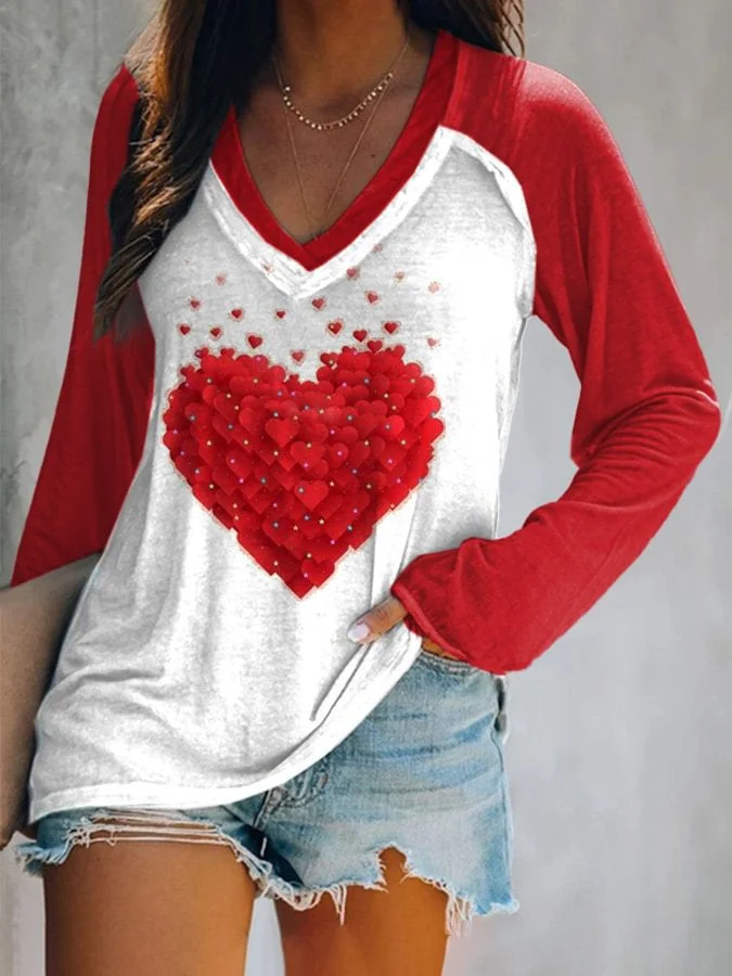 Women's Long Sleeve V-neck Love Printed Graphic Tops