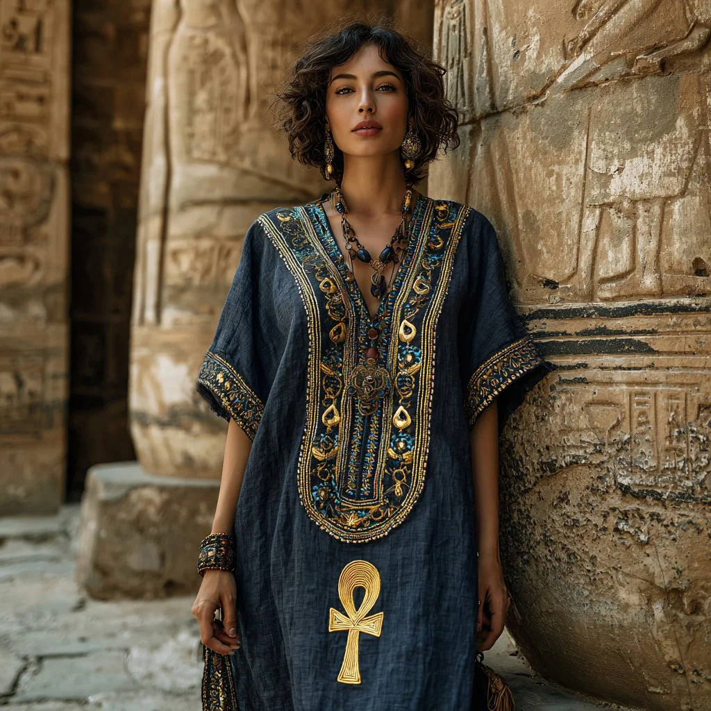 Women's Vintage Egyptian Ankh Embroidery Art Casual V Neck  Linen Dress