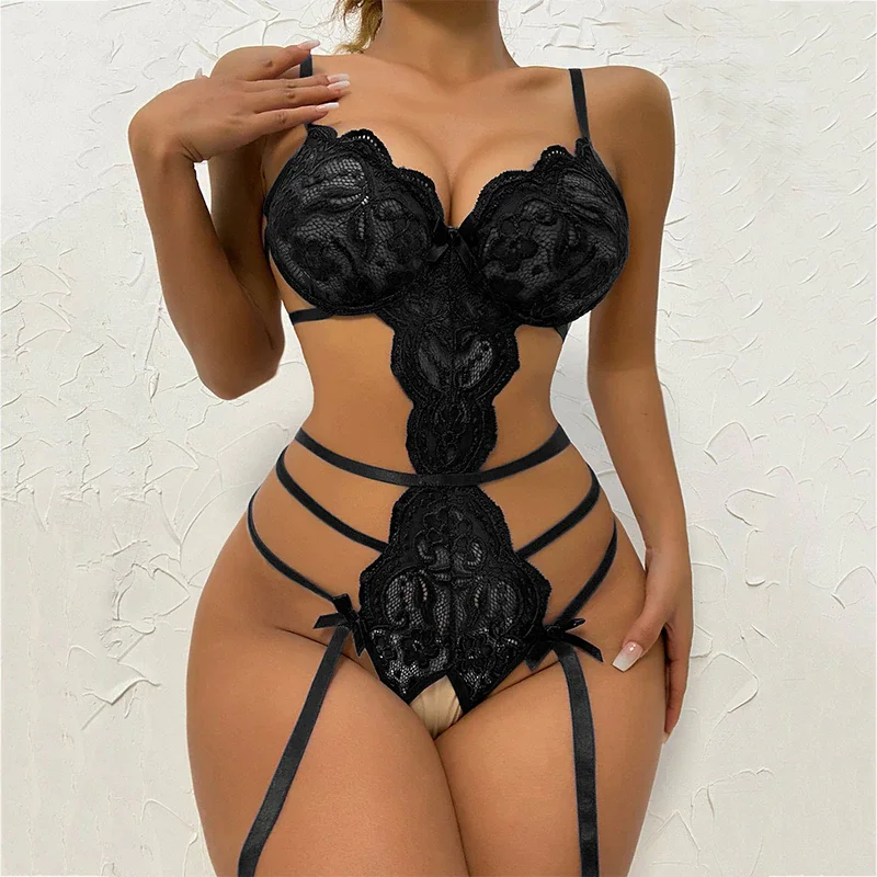 Billionm Porno Crotchless Underwear Women Lace Transparent Bra Set Hot Erotic Costumes Female Teddy Bodysuit Deep V Bra Sexy Lingerie Set