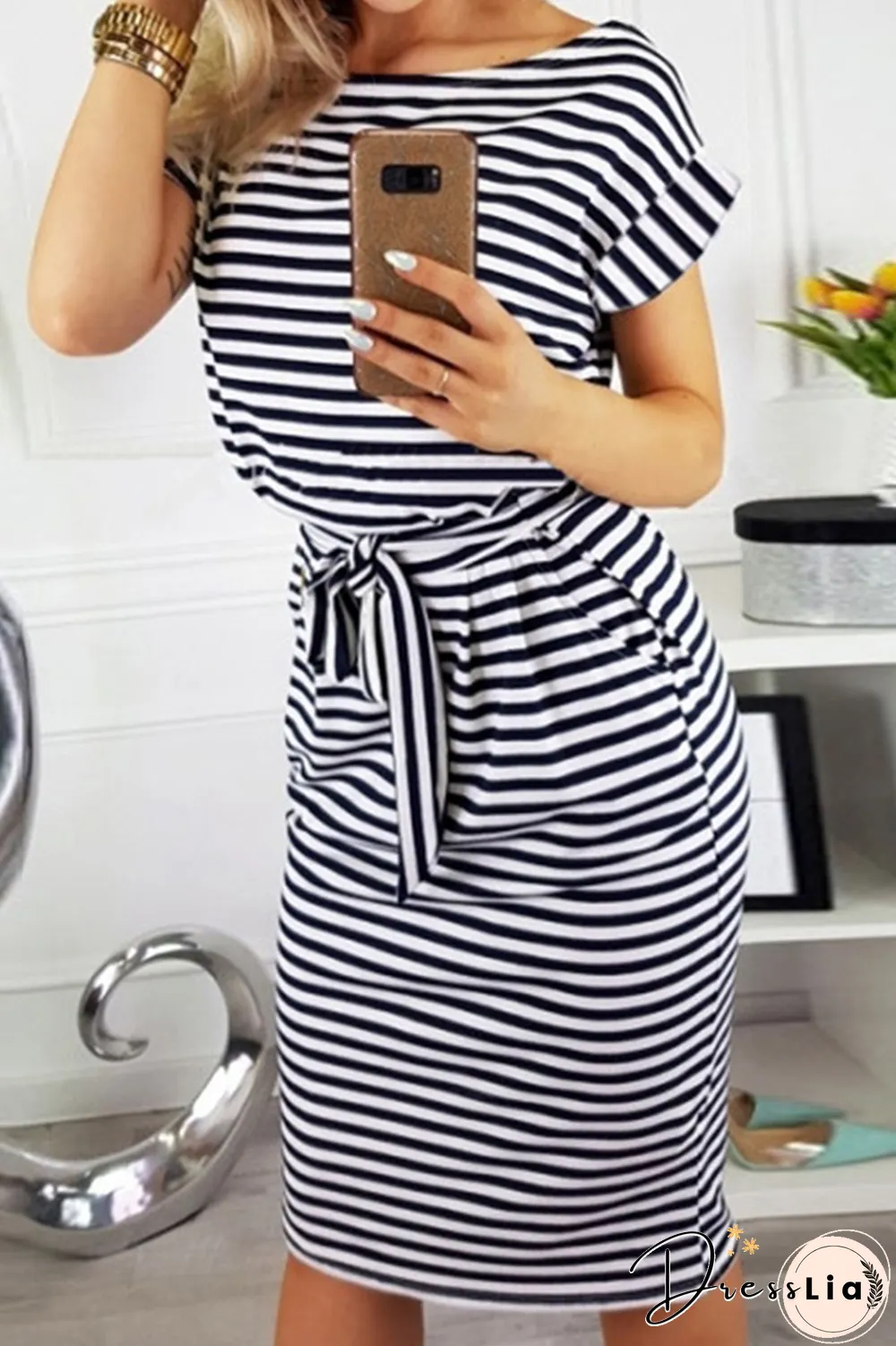 Casual Striped Split Joint O Neck Waist Skirt Dresses(5 colors)
