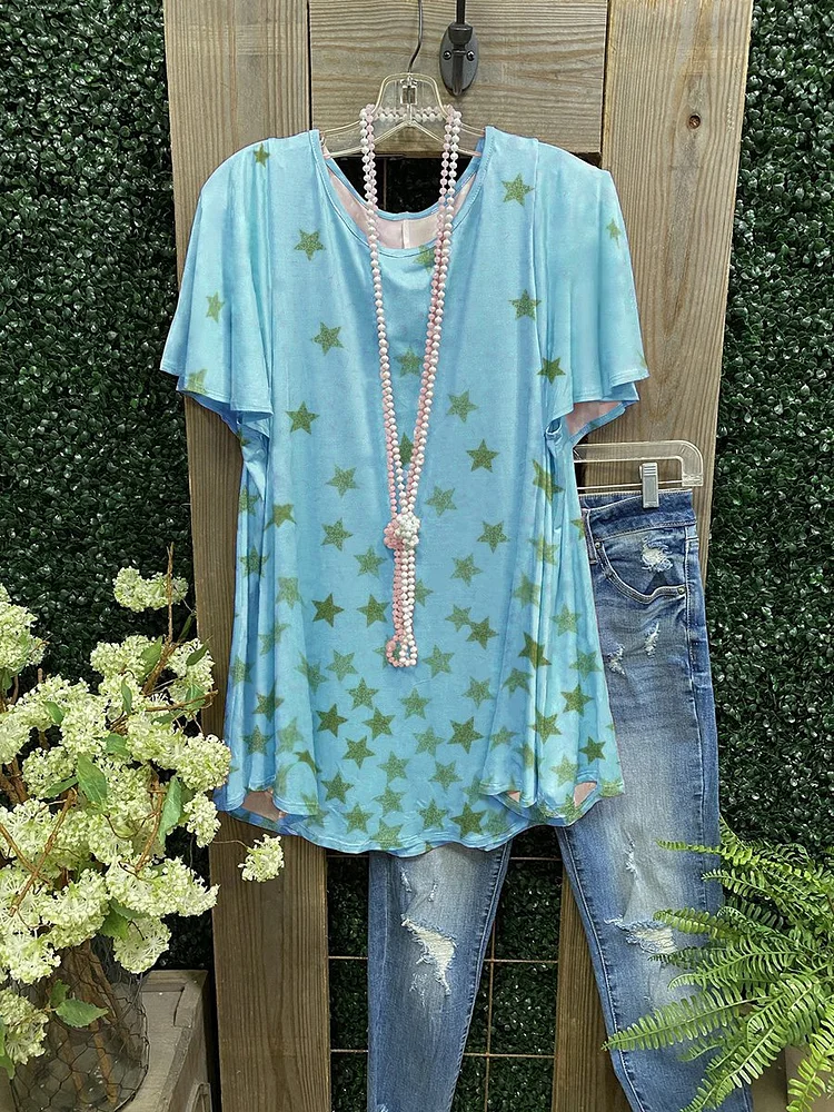 Ladies Star Print Casual T-shirt-Mayoulove
