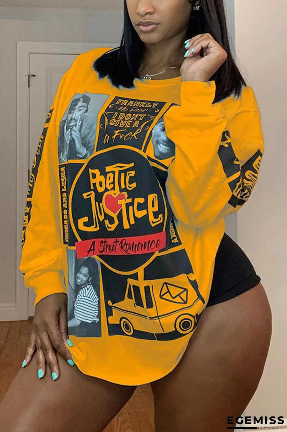 Yellow O Neck Long Sleeve Print Tops | EGEMISS