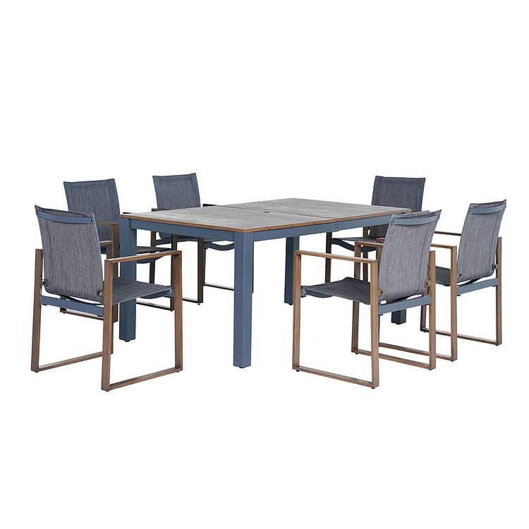 Grand Patio 7 Pieces Patio Dining Sets, Faux Wood Grain Aluminum Outdoor Furniture Sets with 6 Stackable Chairs and 1 Rectangular Table with Umbrella Hole for Backyard Garden Patio Lawn