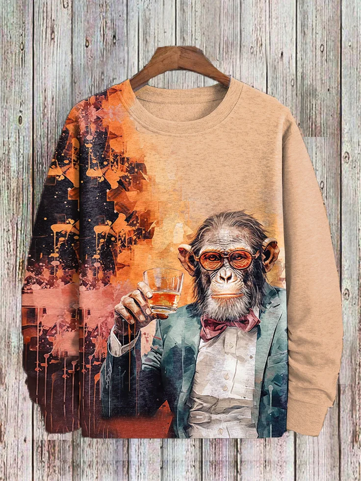 Men's Vintage Monkey Gentleman Drink Whiskey Oil Painting Sweatshirt