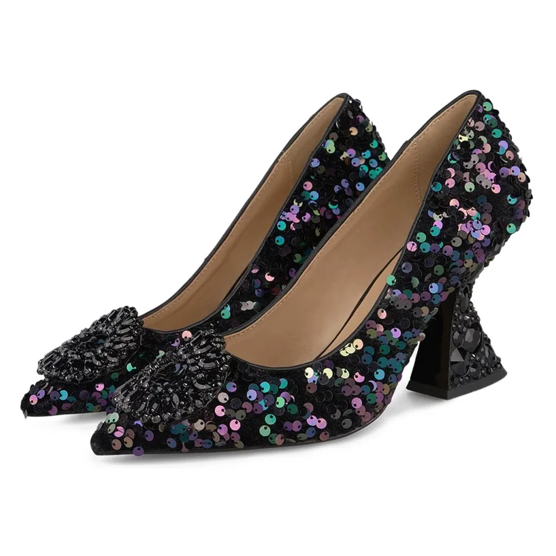 Black Rainbow Sparkling Sequined Pointed Toe Rhinestone Pumps