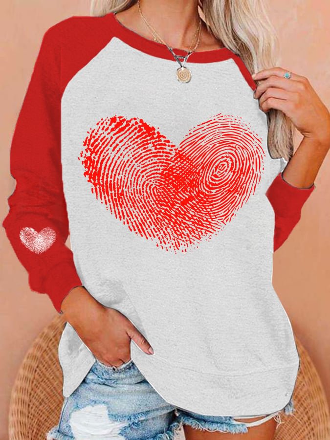 Women's Fingerprint Love Heart Print Casual Crewneck Sweatshirt socialshop