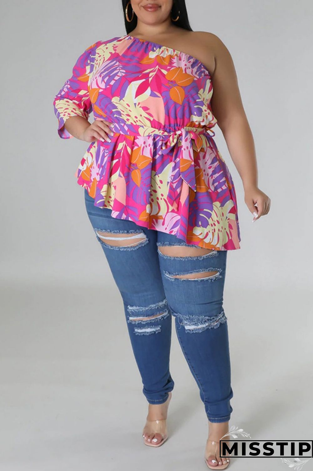 Black Yellow Casual Print Backless Oblique Collar Plus Size Tops