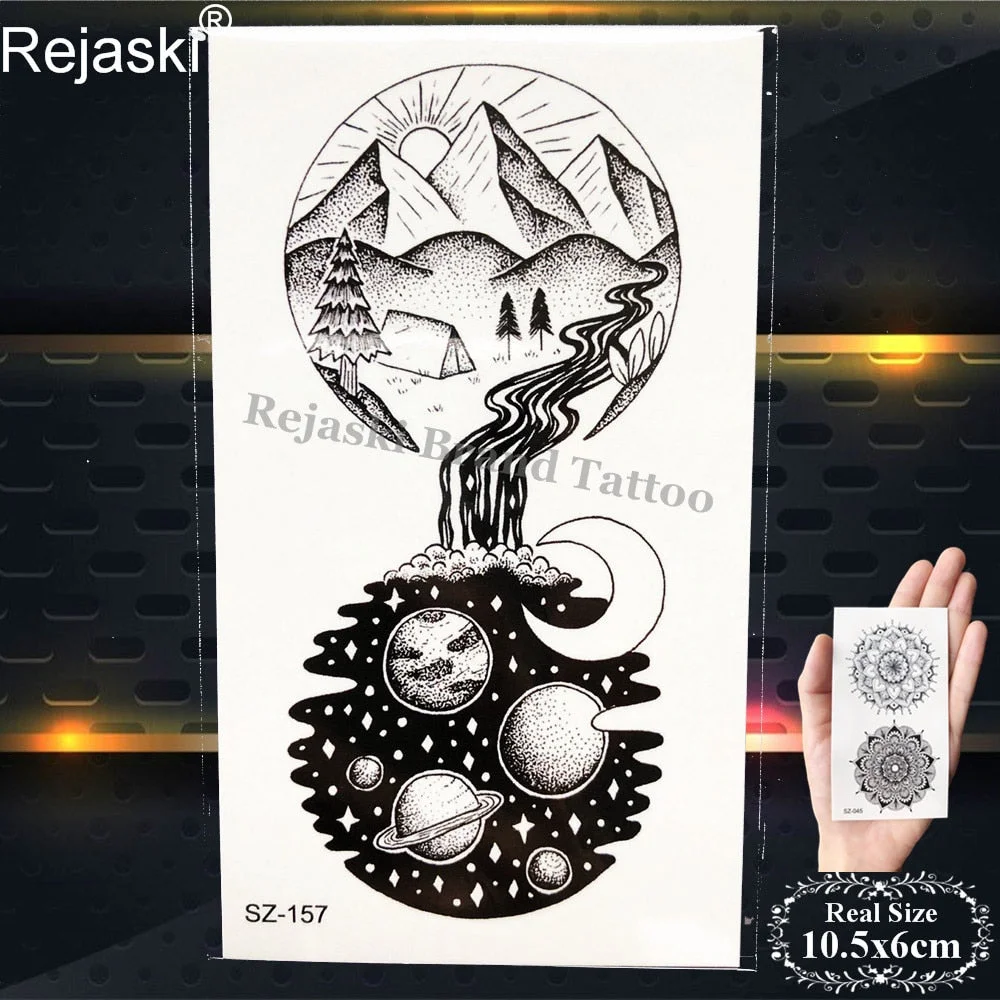 Rejaski Black Temporary Tattoo Stickers Women Iceberg Arm Geometry Waterproof Tatoos Men Mountain Fake Tattoo 3D Summer Style