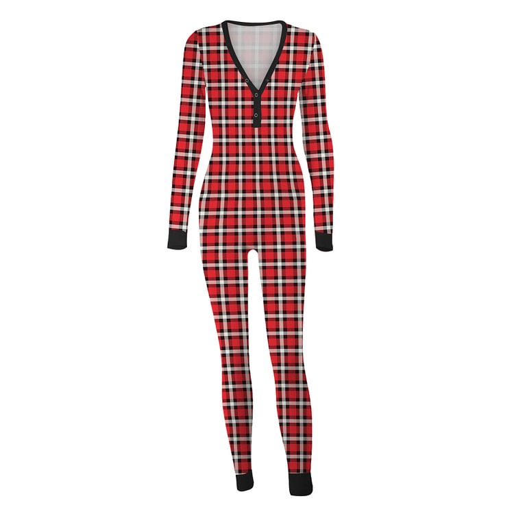 ANB -  Women Lattice Print V Neck Bodysuit Winter One-piece Long Sleeve Jumpsuit