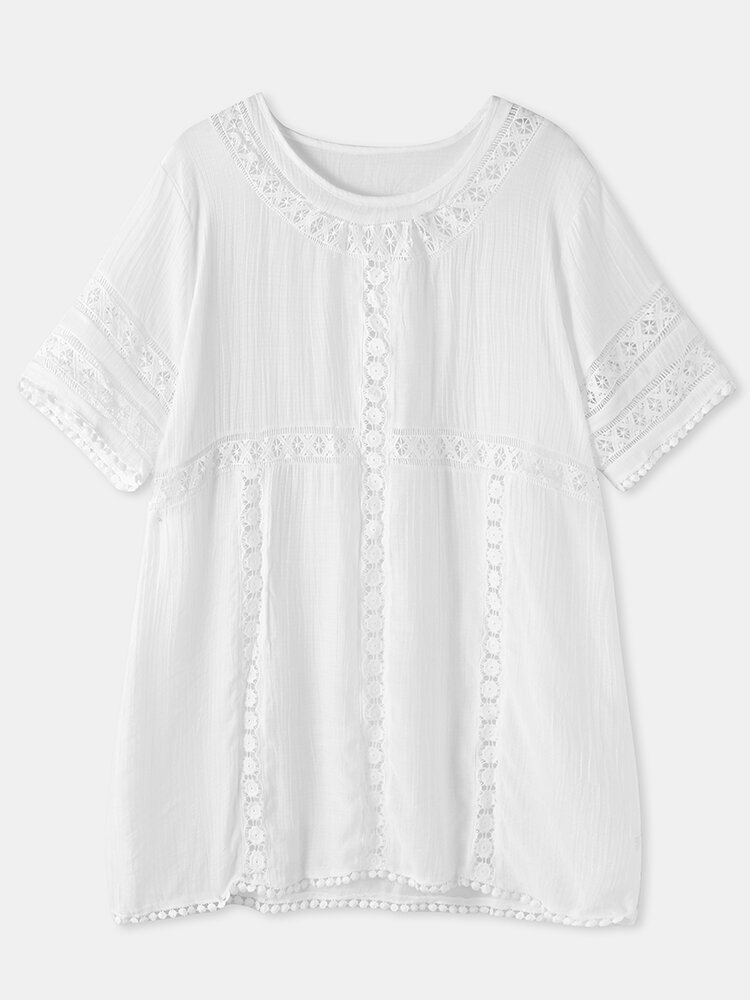 Holiday Solid Color Half Sleeve O neck Hollow Patchwork Blouse P1855685