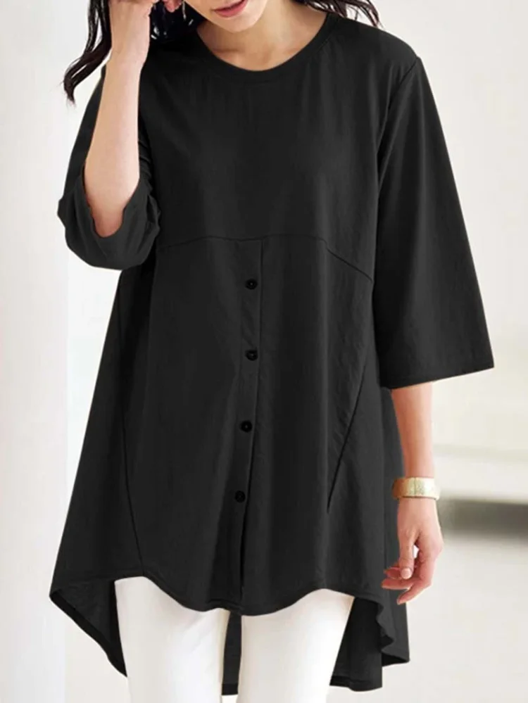 Cotton and linen pullover cropped round neck loose top