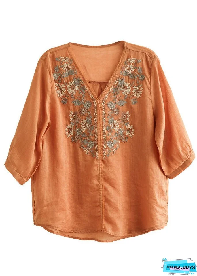 Plus Size Orange V Neck Embroideried Linen Blouse Top Half Sleeve