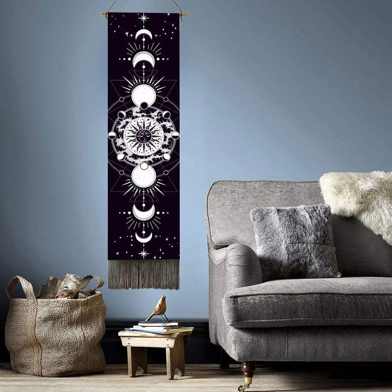 Moon Phases Tapestry Wall Art Hanging Tarot Witchcraft Tapestries HD Printing Sun Moon Tapestry Psychedelic Decor Tassel Carpet