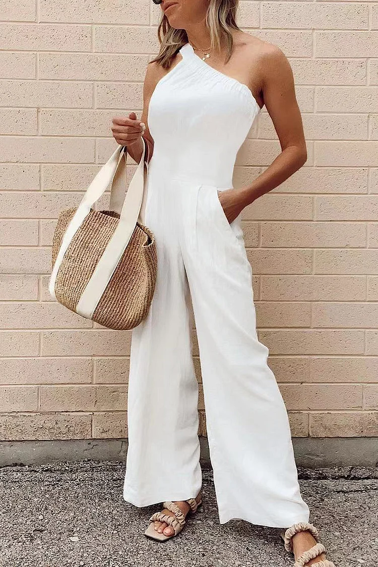 Sexy Simplicity Solid Pocket Oblique Collar Loose Jumpsuits