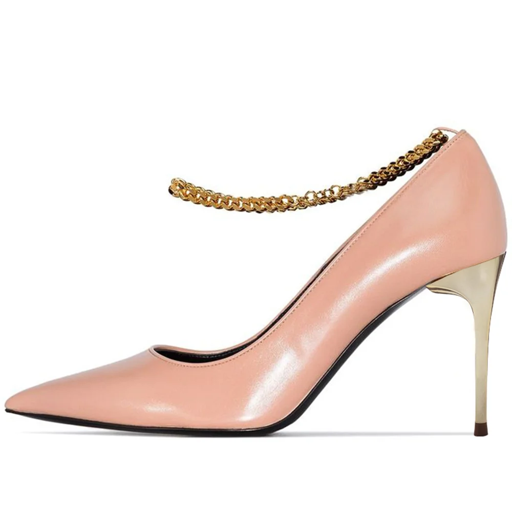 Pink Vegan Leather Closed Pointed Toe Ankle Chain Pumps With Stiletto Heels Nicepairs