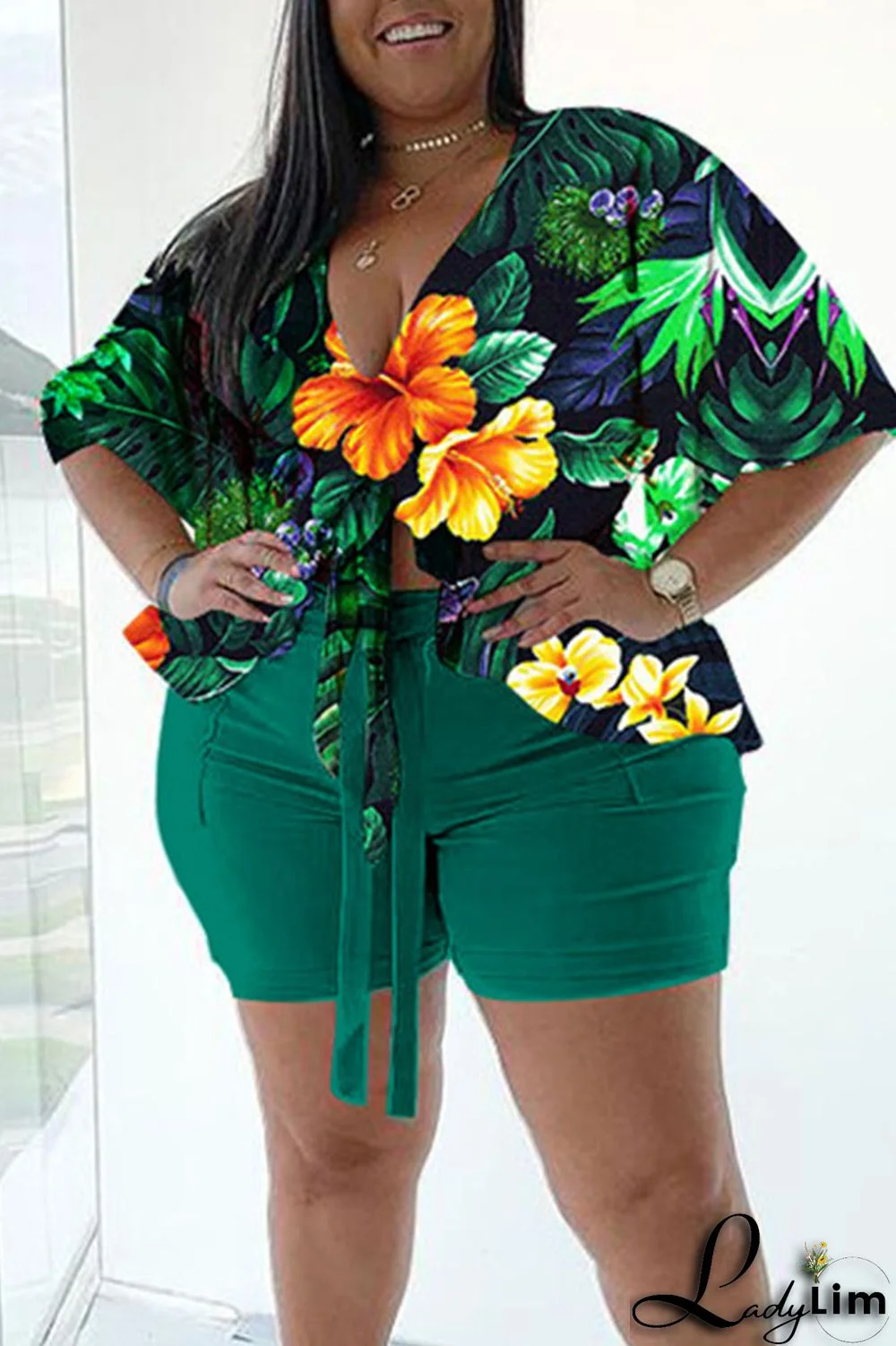 Green Casual Print Bandage Split Joint V Neck Plus Size Two Pieces