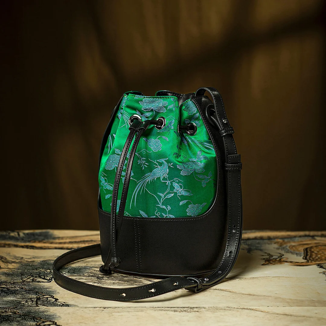 Green Leather Silk Embroidery Bucket Drawstring Handbag