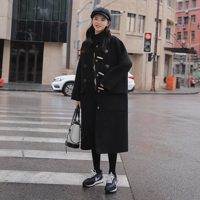 Brand New Long Women Overcoat Horn Button Wool Blend Coat for Lady Winter Outerwear Female Clothes Thick Warm Black