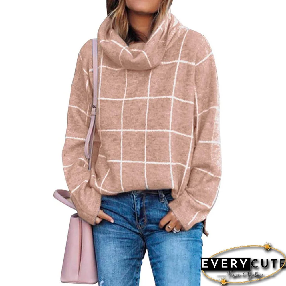 Khaki Plaid Print Turndown Collar Pullover