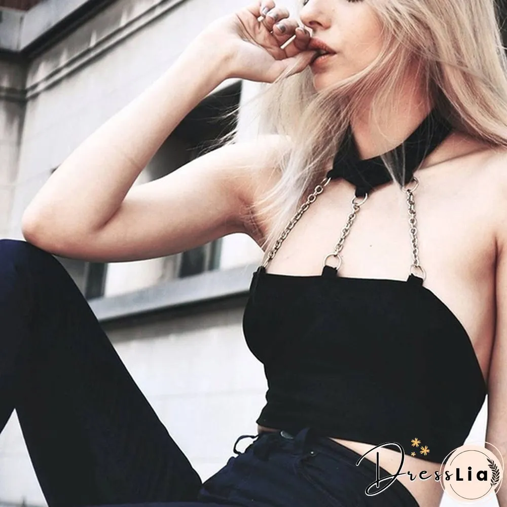 Summer Women Halter Neck Chain Backless Strapless Crop Vest Tube Top