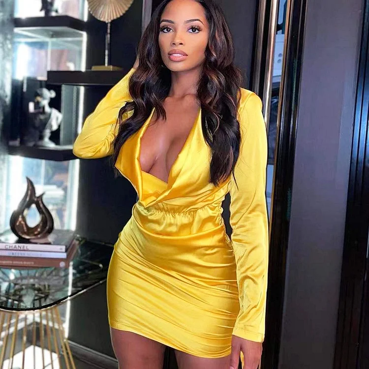 Promsstyle Sexy low-cut cowl neck elastic waist ruching mini dress Prom Dress 2023